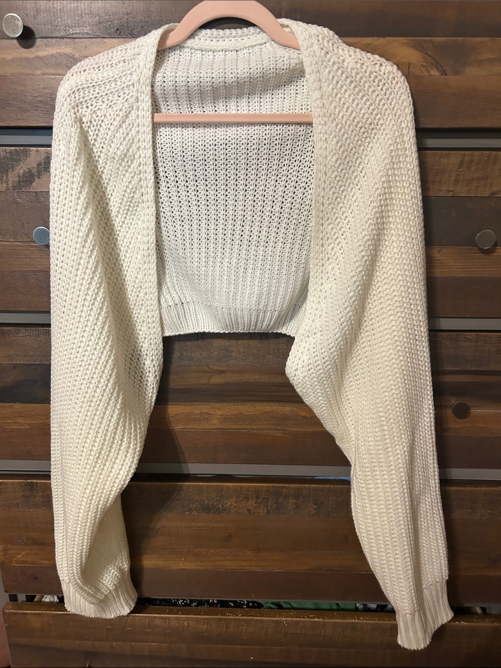 Plus Open-Front Cropped Knit Bolero Shrug in Cream